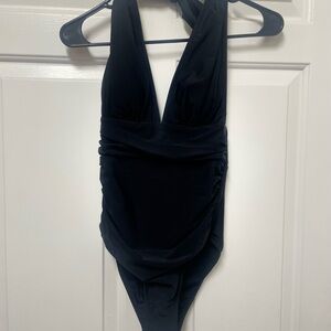 NWT Summer Seaside Ruched Halter Tummy Control Black One-Piece Swimsuit